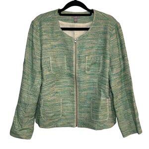 J Jill Green Linen Blend Tweed Jacket Blazer Size Large Petite Office Business‎